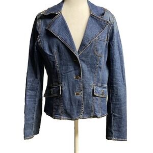 Bamboo Traders Denim Blazer Womens Medium Blue Button Front‎ Fitted Jean Jacket